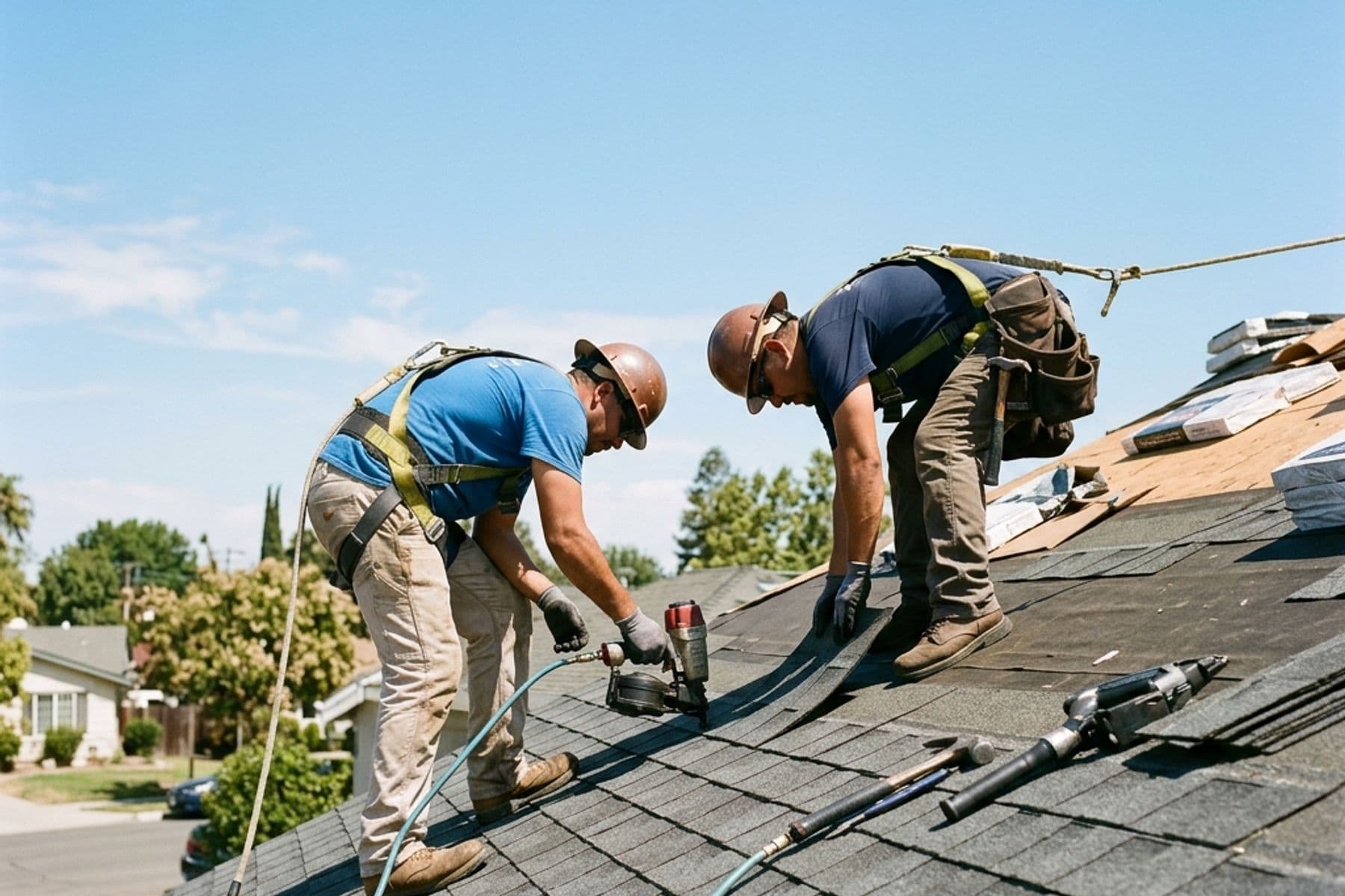 A licensed roofing crew installing shingles on a California home on a clear day