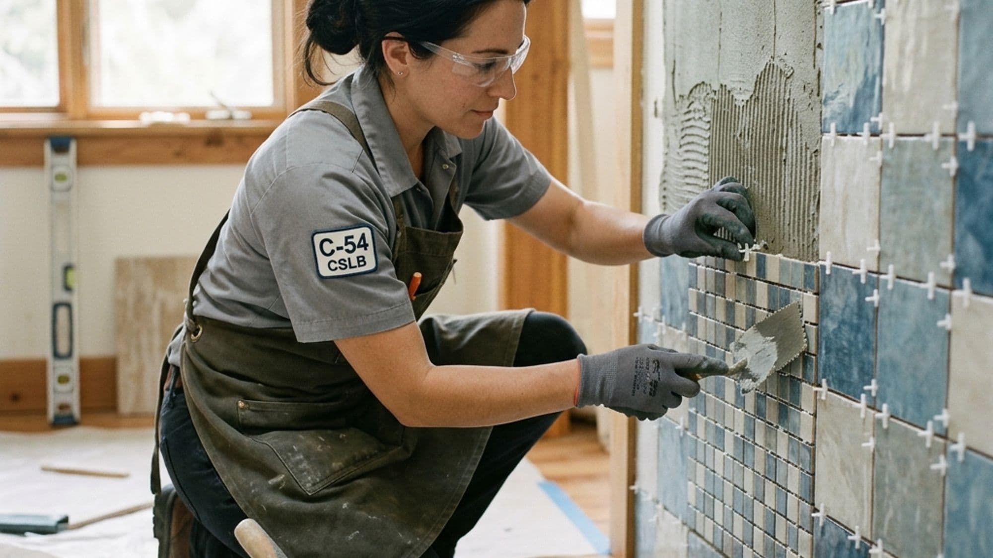 A licensed Ceramic and Mosaic Tile contractor at work on a California project