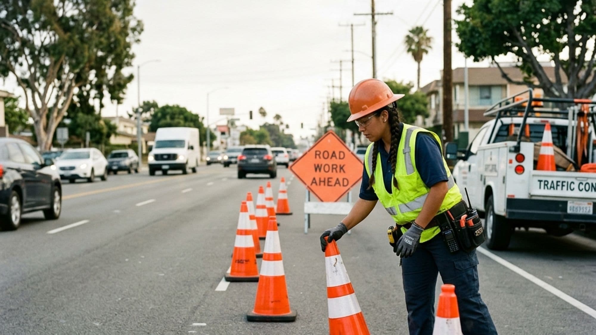 A licensed Construction Zone Traffic Control contractor at work on a California project