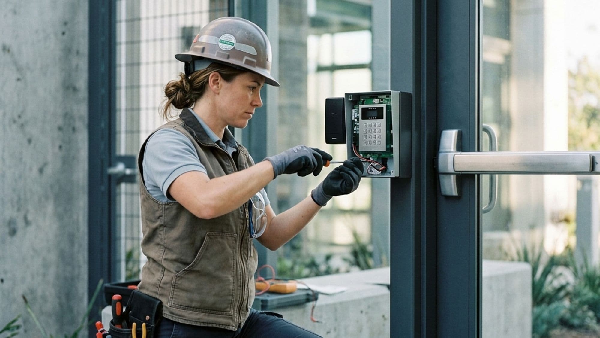 A licensed Lock and Security Equipment contractor at work on a California project