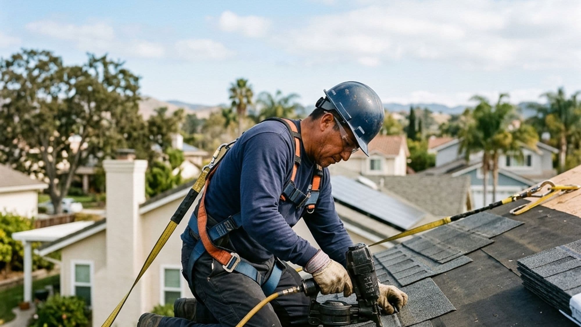 A licensed Roofing contractor at work on a California project