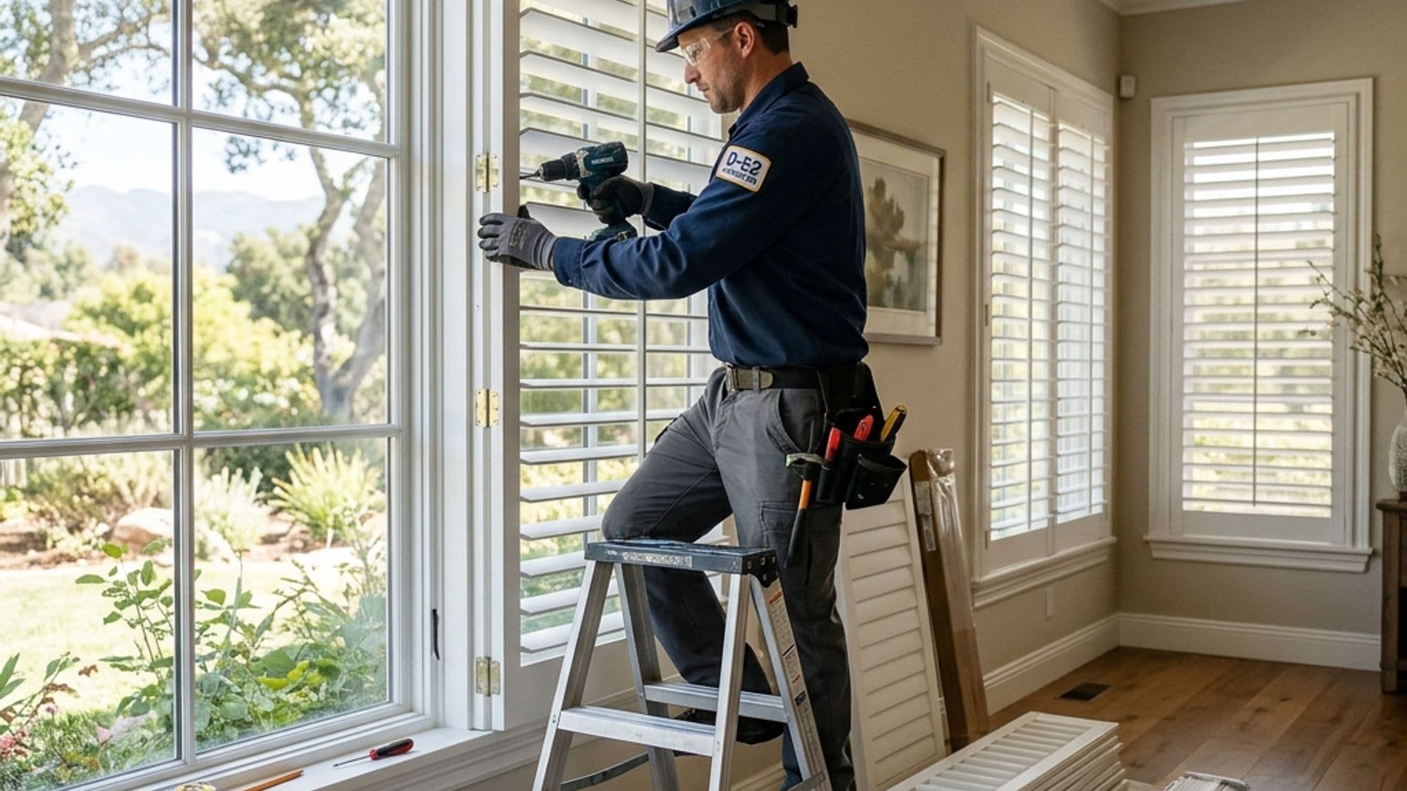 A licensed Window Coverings contractor at work on a California project